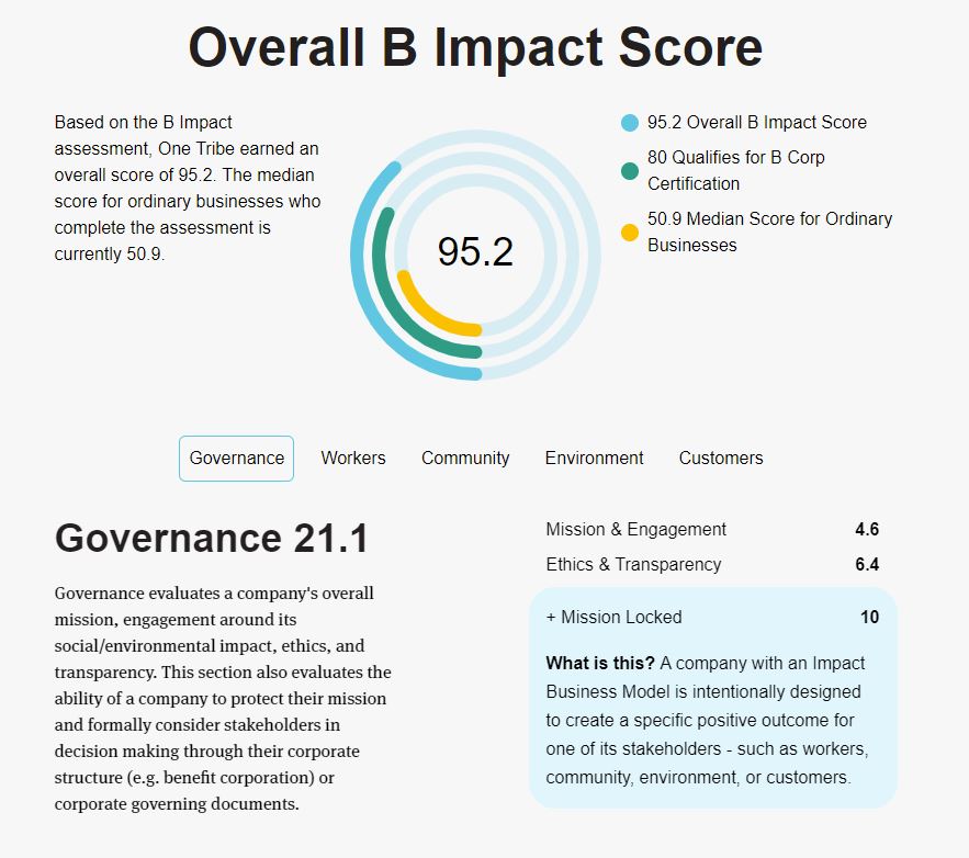 One Tribe Bcorp Impact Score