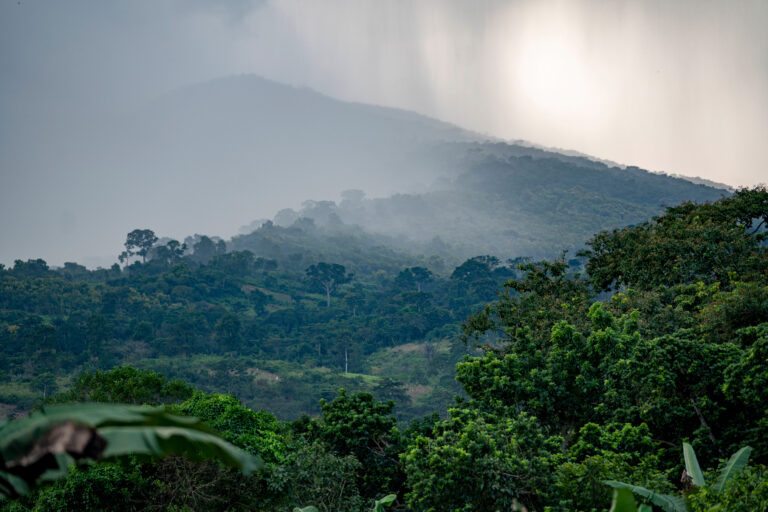 Rain squalls drench a mountain side in the jungles of tropical West Africa in Ghana.