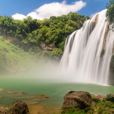 Beautiful scenery of Huangguoshu Waterfall shot on a long exposure, Anshun, Guizhou, China, copy space for text