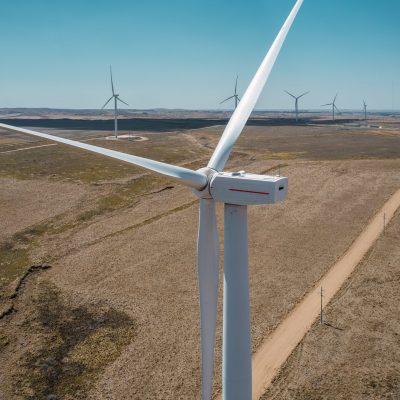 Windmill park in the countryside on a sunny day. Wind turbines in Argentina