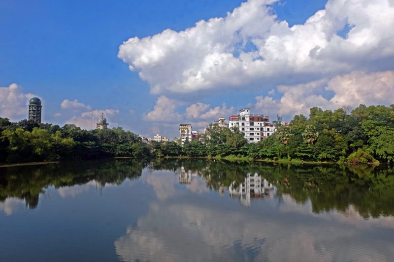 Landscape view of a beautiful lake with a bridge in the bottanical garden dhaka bangladesh