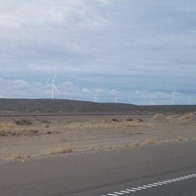 wind farm in the desert in Trelew, Argentina